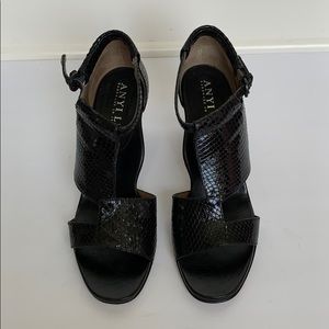 ANYI LU Black Leather Snakeskin Heels